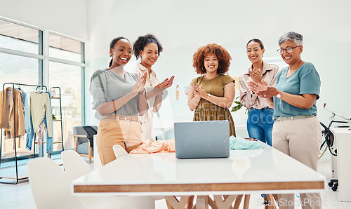 Image of Success, happy people or applause in meeting for fashion design bonus, growth or achievement. Laptop, proud or designers clapping hands in celebration of teamwork, goal target or promotion in startup