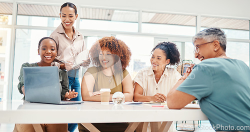 Image of Business women, laptop and team planning, collaboration and happy presentation for marketing meeting. Professional people, creative agency or group on computer web design, teamwork and online project