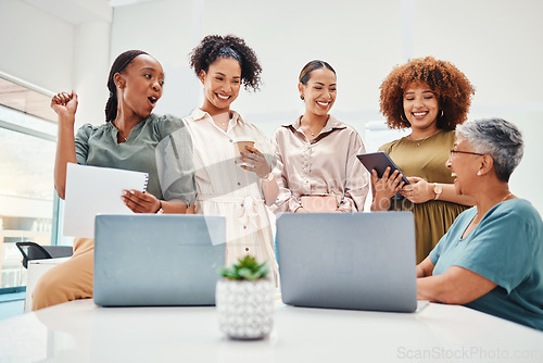 Image of Laptop, meeting and business women in office in discussion for teamwork brainstorming. Collaboration, planning and professional female people with technology for creative website launch in workplace.