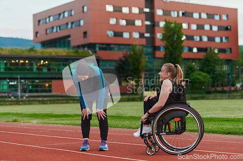 Image of A Muslim woman wearing a burqa resting with a woman with disability after a hard training session on the marathon course