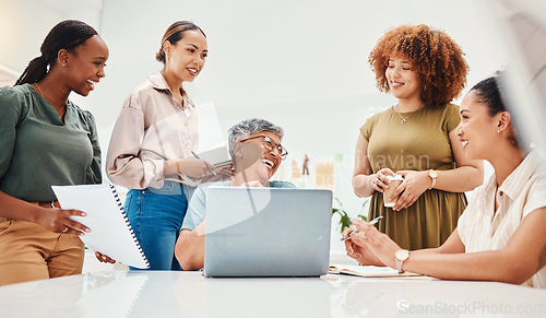 Image of Happy fashion designers, teamwork or women with laptop for planning or online draft for clothing line. Smile, computer or group of employees talking to a funny mature mentor for advice in internship