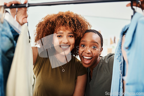 Image of Friends, portrait or fashion with women in store excited by products on promotion, sale or discount. Clothing rack, smile or crazy faces of happy people in boutique for clothes deal or retail offer