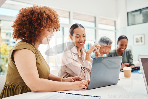 Image of Designer, fashion and team of women on laptop, planning and brainstorming in startup office. Tailor smile, collaboration and computer of creative people in meeting, internet email or research project