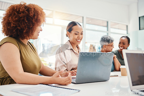 Image of Creative women, meeting and team, laptop and digital marketing with brainstorming at startup. Communication, connection and collaboration, research and ideas with discussion and business strategy