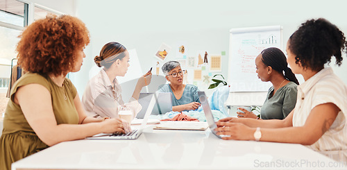 Image of Creative woman, fashion designer and meeting in planning, team brainstorming or clothing ideas at office. Group of people in retail startup, project plan or discussion in teamwork, design or mission
