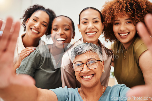 Image of Selfie, office or portrait of women taking a picture together for teamwork on workplace break. Fashion designers, faces or excited group of happy employees in a photograph for a social media memory