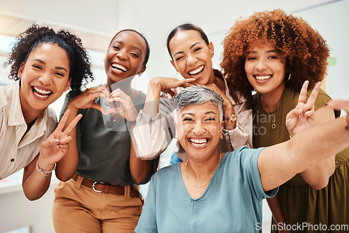 Image of Selfie, office or funny women taking a photograph together for teamwork on workplace break. Fashion designers, portrait or excited group of happy people laughing in picture for a social media memory