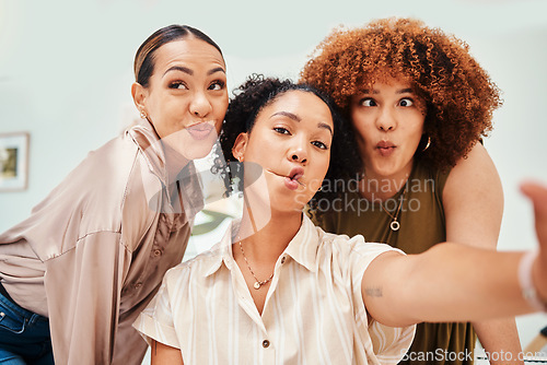 Image of Selfie, office or funny friends taking a photograph together for teamwork on workplace break. Fashion designers, crazy faces or excited group of happy people in a picture for a social media memory