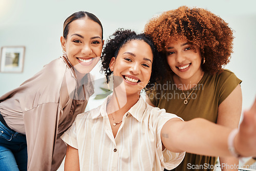 Image of Selfie, fashion designer or portrait of women taking a photograph together for teamwork on break. Workplace, smile or excited group of happy employees in a picture for a social media memory or post