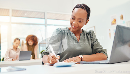 Image of Business woman, writing and planning in notebook of marketing ideas, copywriting or project goals at desk. Professional worker, african writer or editor with creative notes, brainstorming or reminder