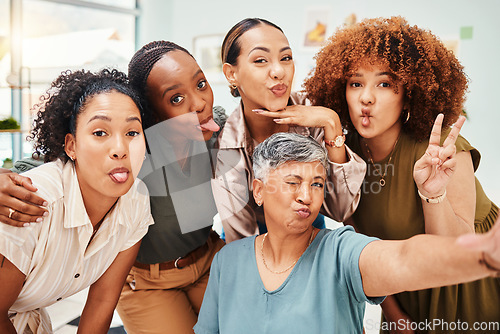 Image of Work, funny and portrait of women with a selfie for bonding, office fun and comic expression. Corporate, diversity and female employees taking a photo with a manager for collaboration or workforce