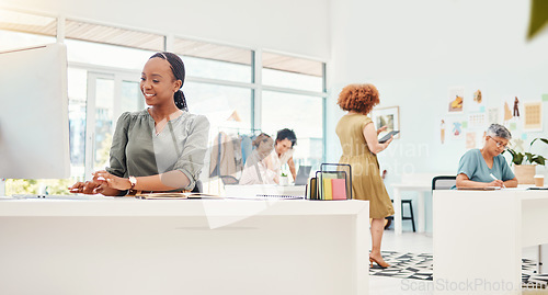 Image of Happy, coworking and a busy office of women for fashion, retail career and staff. Smile, diversity and an African employee in the workplace for design or styling at a company together in the morning