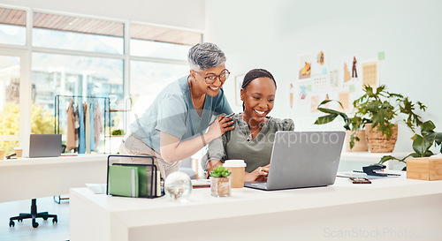 Image of Training, teamwork or women with laptop for fashion design, planning or online draft for clothing line. Smile, computer or happy designer talking to mature mentor for advice in internship or coaching