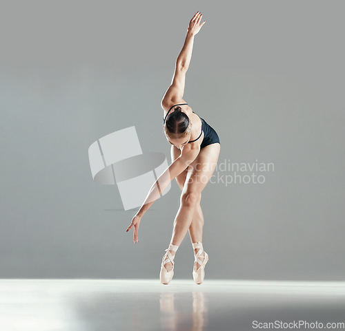 Image of Mockup, space or woman ballet dancing or moving for wellness, balance or creative performance. Studio, dancer or girl ballerina training to exercise body or practice routine on white background