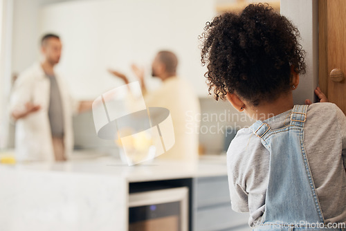 Image of Lgbt, divorce and girl child watching gay parents argue in kitchen with stress, worry or fear in their home. Family, crisis and homosexual men dispute foster kid custody, affair or conflict in house