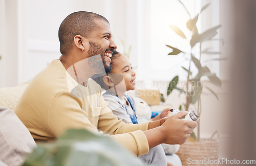 Image of Controller, video game and father with girl on sofa for playing, bond and fun gaming at home together. Love, smile and happy parent with child in living room for esports, console or learning in house