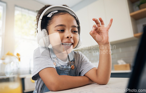 Image of Home video call, tablet and child smile for online class communication, elearning and talking in kindergarten webinar. Remote education, happy and kid watch, listen and streaming music, film or movie