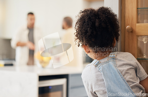 Image of Divorce, gay couple and girl child watching parents argue in kitchen with stress, worry or fear at home. Family, crisis and homosexual men dispute foster kid custody, affair or conflict in house