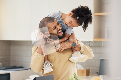 Image of Happy family, hug and father and girl child in a kitchen with piggyback, games and fun, breakfast and laugh at home. Love, smile and parent with kid embrace, playful and bonding in a house on weekend