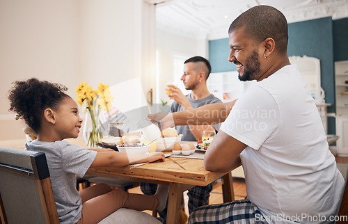 Image of Gay couple, home breakfast and family child smile for morning food, wellness and parents pour milk. LGBTQ, adoption and homosexual dad happy for hungry kid, youth girl or daughter eating cereal