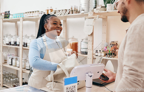 Image of Sustainable shop, cashier and client with store purchase, woman and customer service with small business. Smile, entrepreneur and African person with retail employee and shopping with credit card