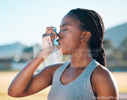 Image of Health, black woman and asthma inhaler, fitness and medicine with wellness, lungs and runner outdoor. Sports, breathing and exercise with workout, help with oxygen and respiratory illness with pump