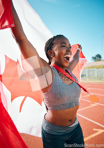 Image of Canada, winner and black woman athlete with flag for victory celebration in sports competition with a medal. Achievement, running and happy runner winning international tournament or training