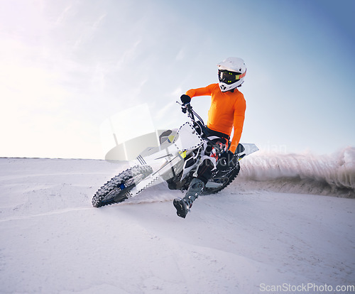 Image of Bike, sand and speed with a man on mockup riding a vehicle in the desert for adventure or adrenaline. Motorcycle, training and freedom with an athlete on space in nature for power or extreme sports