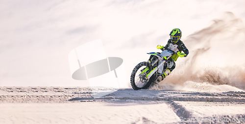 Image of Bike, dust and mockup with a sports man riding a vehicle in the desert for adventure or adrenaline. Motorcycle, space and training at speed with an athlete outdoor in nature for freedom or power