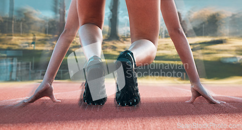 Image of Start, running and sports with shoes of person on race track for fitness, speed and marathon training. Competition, health and workout with closeup of runner in stadium for energy and performance