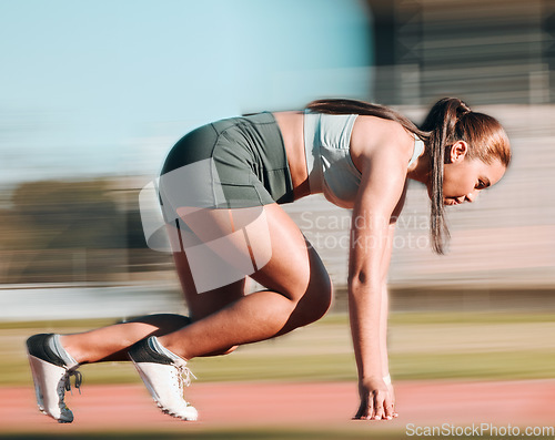 Image of Start, running and fast with woman on race track for fitness, speed and marathon exercise. Competition, health and workout with runner training in stadium for energy, sports and cardio performance