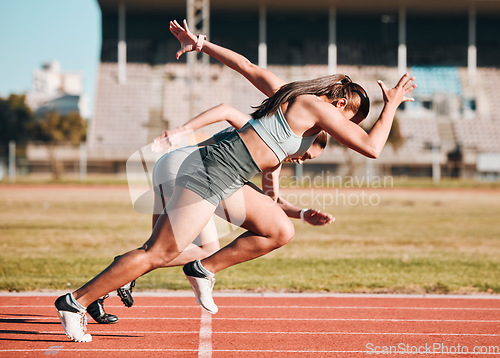 Image of Action, sports and athlete running sprint in competition or fitness game or training for energy wellness on track. Race, stadium and athletic people or runner exercise, speed and workout performance