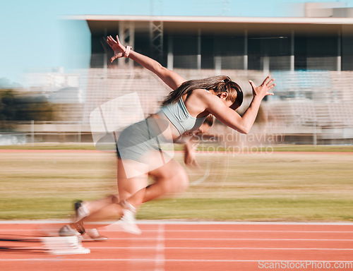 Image of Action, race and women athlete running a sprint in competition or fitness game training as energy wellness on track. Sports, stadium and athletic person or runner exercise, speed and workout