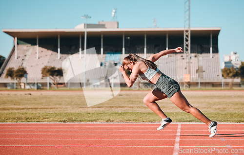 Image of Sports, race and woman athlete running sprint in competition for fitness game or training as energy wellness on a track. Fast, stadium and athletic person or runner exercise, speed and workout