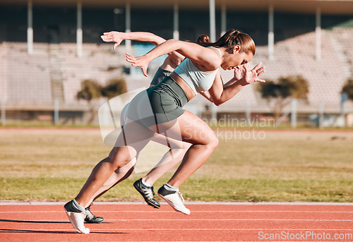 Image of Fast, race and athletes running sprint in competition or fitness game and training for energy wellness on track. Sports, stadium and athletic people or runner exercise, speed and workout performance