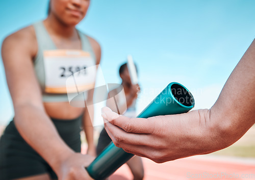 Image of Woman, team and hands with baton in relay, running marathon or sports fitness on stadium track. Closeup of people holding bar in competitive race, sprint or coordination for teamwork or performance