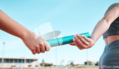 Image of Person, team and hands with baton in relay, running marathon or sports fitness on stadium track. Closeup of people holding bar in competitive race, sprint or coordination in teamwork performance