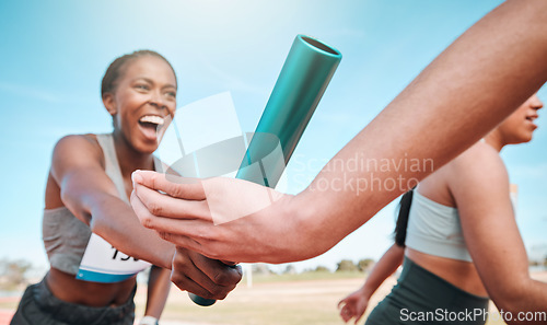 Image of Woman, team and running with baton in relay, marathon or sports fitness on stadium track together. Group of athletes holding bar in competitive race, sprint or teamwork for cardio training or workout