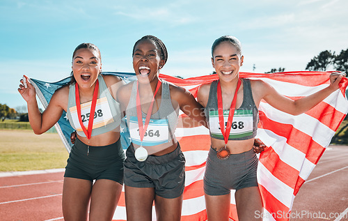 Image of Athletics winner, portrait and sports women celebrate winning medal, competition award or event challenge. Success celebration, American flag and group of athlete excited for teamwork achievement