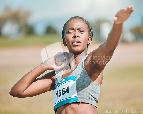 Image of Shot put, athlete and woman in throw competition, championship or training for field event with metal or steel weight. Throwing, ball or African female outdoor for athletics sports or olympics