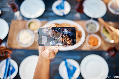 Image of Phone photography, food and friends at a restaurant to relax on holiday vacation in summer together. Hands, social media post or influencer taking pictures or eating at table for lunch or brunch meal