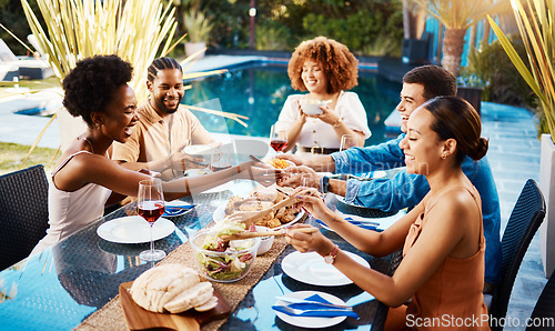 Image of Friends, food table and eating outdoor for social gathering, happiness and holiday celebration. Diversity, men and women group at lunch, party or event with drinks in garden for fun and relax