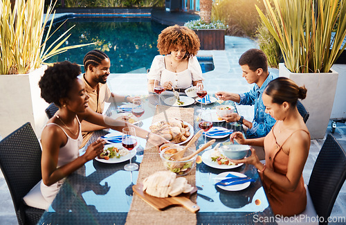 Image of Group of friends at lunch, party in garden and happy event with diversity, food and wine for bonding together. Outdoor dinner, men and women at table, people eating with drinks in backyard in summer.