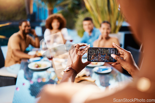 Image of Phone photography, outdoor and friends in restaurant to relax on holiday vacation in summer together. Memory, social media or people eating or taking pictures at table for lunch, food or brunch meal