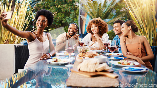 Image of Selfie, group of friends at lunch in garden and party at table with diversity, food and wine together. Photography, men and women at dinner party table, happy people eating with drinks in backyard.