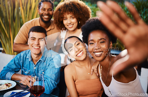 Image of Smile, portrait and selfie of friends at restaurant, bonding and happy memory together. Face, group and profile picture at cafe in celebration of party, fine dining and eating food on social media
