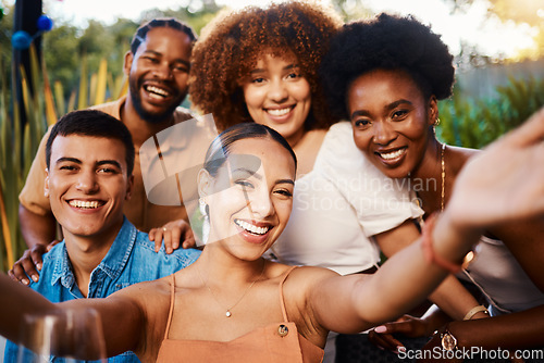 Image of Smile, portrait and selfie of friends at cafe, bonding and happy memory at sunset. Face, group and profile picture at restaurant, influencer and fun photography at party celebration on social media