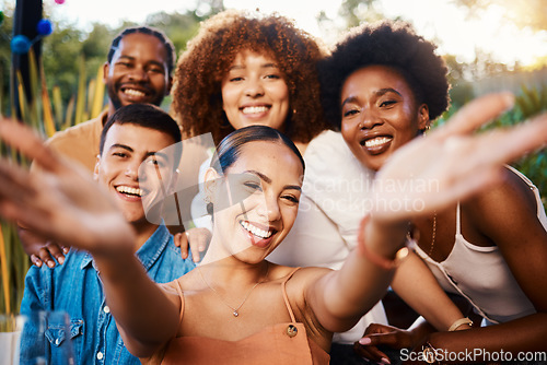 Image of Portrait, happy and selfie of friends at cafe, bonding and fun memory at sunset. Face smile, group and profile picture at restaurant, influencer and photography at party celebration on social media