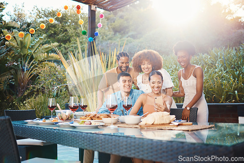 Image of Selfie, group of friends at dinner in garden and happy event with diversity, food and wine at outdoor party. Photography, men and women at table, fun people with drinks in backyard at sunset together