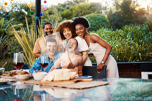 Image of Group selfie, lunch and friends excited for happy memory photo of brunch party, outdoor reunion or food on patio. Happiness, photography and young people post event picture picture to social media